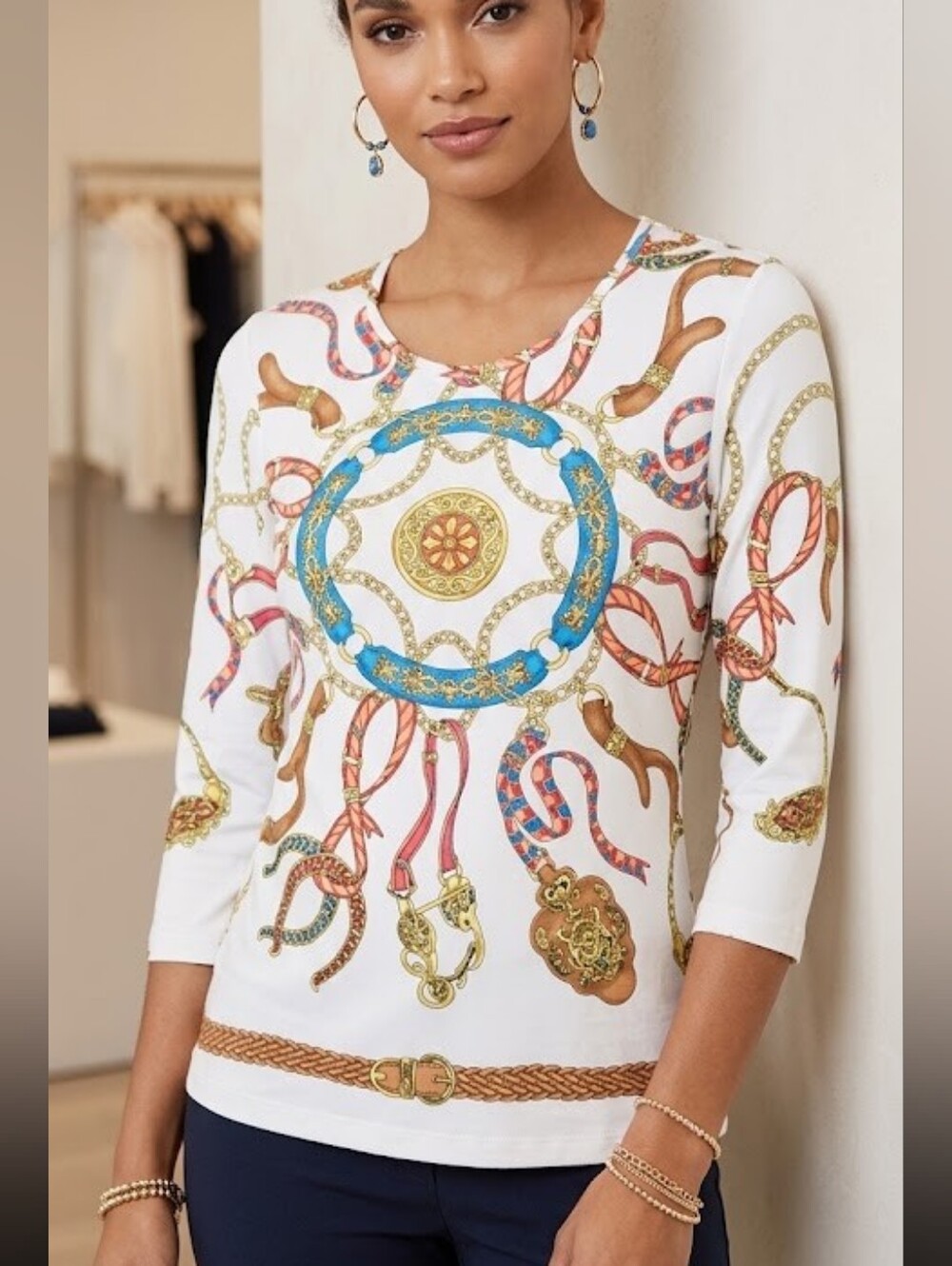 J. McLaughlin Catalina Equestrian Medallion Print Women's Blouse 3/4 Sleeve Sz M